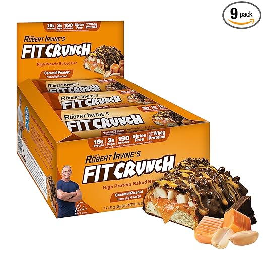FITCRUNCH Snack Size Protein Bars, Designed by Robert Irvine, World’s Only 6-Layer Baked Bar, Just 3g of Sugar & Soft Cake Core (Caramel Peanut)
