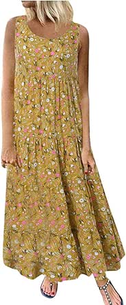 Round Neck Floral Long Dress for Women Casual Summer Sleeveless Tank Dress Tiered Flowy Rural High Waist Maxi Dresses