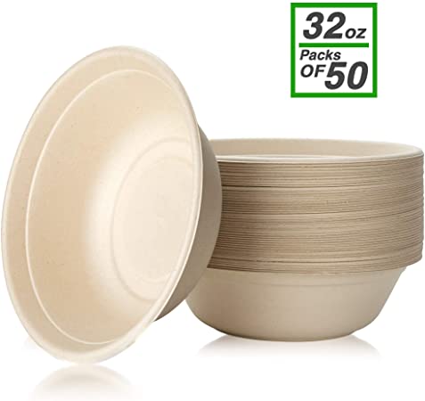disposable paper bowls, 32 oz [50 Pack] large bowl-100% compostable, biodegradable, green and Eco-friendly natural colour bowls- convenient for daily use for salad, hot soup, and pasta