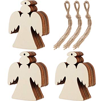 Tatuo 30 Pieces Wooden Angel Shape Cutouts Crafts Blank Wood Hanging Ornaments with 3 Rolls Twines for Christmas Tree Decoration