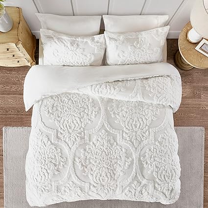 Madison Park Tufted Chenille 100% Cotton Duvet Modern Luxe All Season Comforter Cover Bed Set with Matching Shams, Full/Queen(90"x90"), Damask Off White 3 Piece