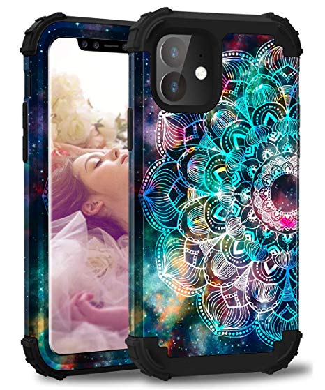 Hocase iPhone 11 Case, Heavy Duty Shockproof Protection Hard Plastic Silicone Rubber Bumper Hybrid Protective Phone Case with Floral Design for iPhone 11 (6.1-inch Display) 2019 - Mandala in Galaxy