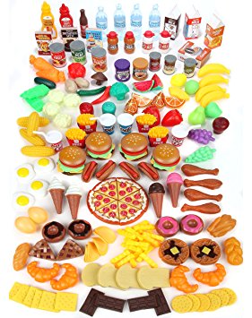 Play Food Set for Kids - Huge 202 Piece Pretend Food Toys is Perfect for Kitchen Sets and Play Food Kitchen Toys - Inspire your Toddlers Imagination   4 Bonus Water Bottles