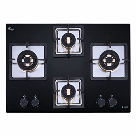 Elica Hob 4 Burner Auto Ignition Glass Top with Direct Flame Full Brass Burners - 2 Small and 2 Medium Gas Stove (IND FLEXI FB 470 DX DFS)