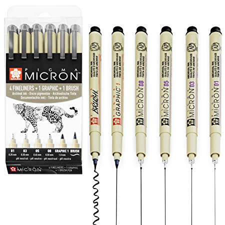 Sakura Pigma Micron - Pigment Fineliner Pens - 01/03/05/08/Graphic/Brush - Wallet of 6 - Black Ink