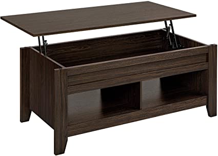 YAHEETECH Lift Top Coffee Table with Hidden Storage Compartment & 2 Open Shelves, Rising Tabletop Pop Up Dining Table for Living Room, 47.5'' L, Espresso