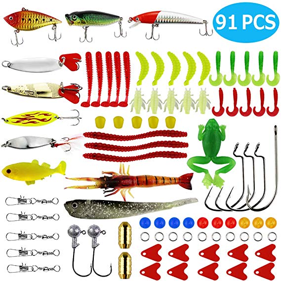 Cooltto 91pcs Fishing Lures Set Including Frog Lures, Crankbaits, VIB, Top-Water Lures, Plastic Worms and Jigs with Free Tackle Box for Trout, Bass, Salmon, Rapala and Walleye - Freshwater & Saltwate