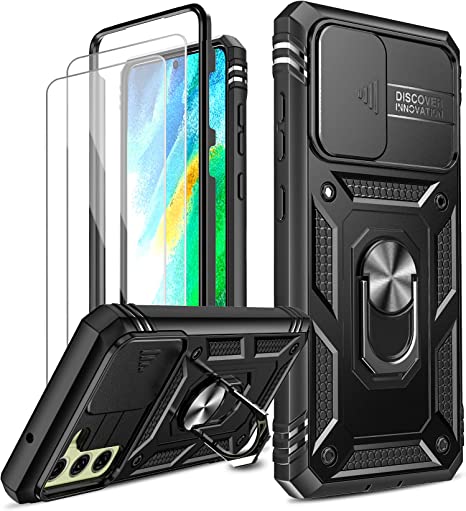 LeYi for Samsung Galaxy S21 FE 5G Case and 2 Tempered Glass Screen Protector with Slide Camera Cover, Magnetic Ring Kickstand Protective Heavy Duty Lifeproof Hard Phone Case for Men Black