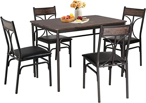 VECELO 5 Piece Kitchen Dining Room Table and Chairs Set for Home, Dinette, Breakfast Nook, Farmhouse, Small Space, 4, Dark Brown