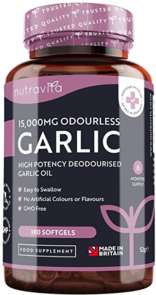 Garlic Capsules Odourless High Strength 15,000mg - 180 Soft Gel Capsules of Deodourised Garlic Oil from Allium Sativum – 6 Month Supply - Made in The UK by Nutravita