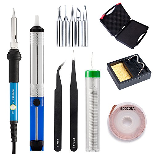 Soldering Iron Kit, 60W Adjustable Temperature Soldering Iron with 5 tips,Solder Sucker, Desoldering Wick and Solder Wire in Tools Carry Case