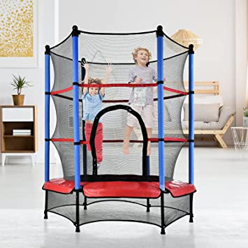 JOYMOR 55” Trampoline with Safety Enclosure Net, Indoor Outdoor Round Trampoline with Elastic Ropes, Colorful Mini Trampoline for Kids with Heavy Duty Steel Frame and Bulit-in Zipper