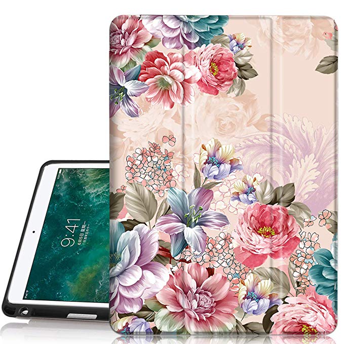 Hocase iPad Air 3rd Gen/iPad Pro 10.5 Case, Trifold Smart Case with Pencil Holder, Unique Pattern Design, Auto Sleep/Wake, Soft Back Cover for iPad A1701/A1709/A2152/A2123/A2153 - Peony Flowers