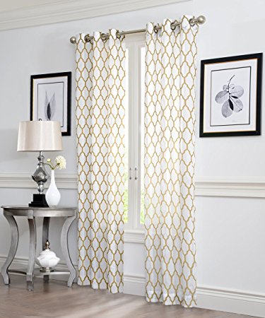 2 Piece GEO Flocked Sheer Grommet Window Curtain Panels 38" X 84" Total 76 " X 84" (Raffia)