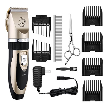 TOPELEK Dogs and Cats Electric Clipper, Professional Pet Hair Shaver , Grooming Trimmer Kit, with Low Noise Low Vibration, Rechargeable Cordless Pet Fur Grooming Set with 6 Comb Guides,Extra scissors & Cleaning Brush