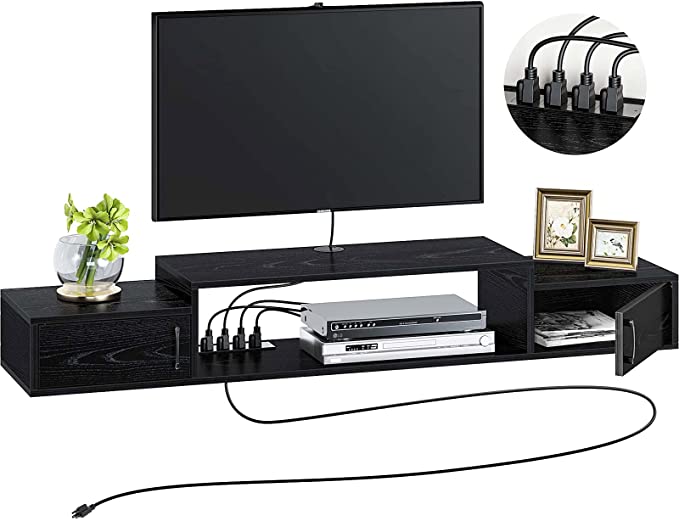 Rolanstar Wall Mounted TV Shelf with Power Outlet, 47" Floating TV Stand with Storage, Media Console Shelf Entertainment Storage Shelf for Living Room, Bedroom, Black