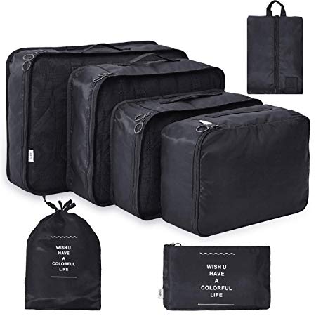 Travel Pack Cube Set Travel Organizer 7 Pcs Waterproof with Portable Folding Packing Organizers Laundry Bag for Carry On (Black)
