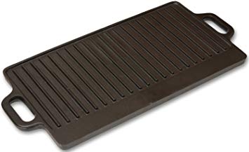 Andes Double Sided Cast Iron Griddle Plate with Handles, Ribbed Grill Pan/BBQ Skillet for Camping, 50 x 23cm