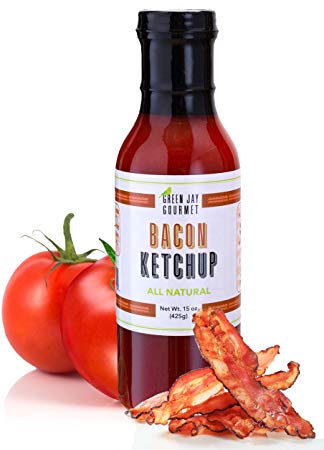 Green Jay Gourmet Bacon Ketchup - All-Natural Tomato Ketchup with Tomato Paste, Real Bacon & Gourmet Spices - Contains No Preservatives, Additives or Corn Syrup - Made in USA - 15 Ounces