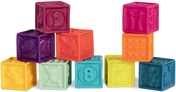 B. toys – Baby Blocks – Stacking & Building Toys for Babies – 10 Soft Blocks for Learning Numbers, Shapes, Colors, Animals – One Two Squeeze – Educational & Developmental – Infant, Toddler