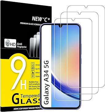 NEW'C 3 Pezzi, Vetro Temperato per Samsung Galaxy A34 5G, Pellicola Prottetiva, Senza Bolle, Durezza 9H, 0,33mm Ultra Trasparente, Ultra Resistente