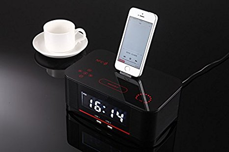 PowerLead Digital Dual Alarm FM Clock with Radio Bluetooth 4.0 Speaker, Battery Backup, Snooze and Sleep Timer, Large Display, NFC Compatibility, Lightning Dock for Iphone/Ipad/Ipod---Black