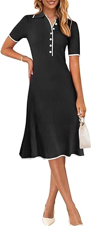 MEROKEETY Women's V Neck Ribbed Knit Midi Dress Short Sleeve Button Elegant Bodycon Sweater Dresses