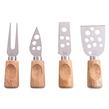 Swiss-inspired Cheese Knife Set  Premium 4-piece set of Cheese Knives: Solid Stainless Steel blades and Natural Rubber Wood handles with Thumb Holder in a stylish recycled paper Box