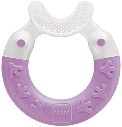 MAM Bite & Brush, Baby Ring Suitable From 3  Months Old, Teething Toy Promotes Dental Hygiene and Cleanliness, Soothes Painful Gums, Purple