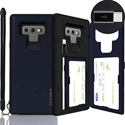 Galaxy Note 9 Case, SKINU [Note 9 Wallet Strap] Note 9 Charger Dual Layer Hidden Credit Holder Card Case with Wrist Strap Inner USB Type C Adapter and Mirror for Galaxy Note 9 (2018) - Metal Slate