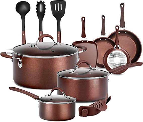 NutriChef Kitchenware Pots & Pans High-Qualified Basic Kitchen Cookware, Non-Stick (14-Piece Set), One Size, Brown