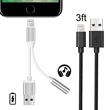 2 in 1 Lightning Adapter with Lightning Cable for iPhone 7 / 7 Plus, KINGBACK Lightning Charger and 3.5mm Earphone Jack Cable Adapter [No Music Control] for iPhone 7/7 Plus/6s/6/5s/5
