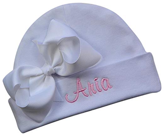 Personalized Embroidered Baby Girl Hat with Grosgrain Bow with Custom Name