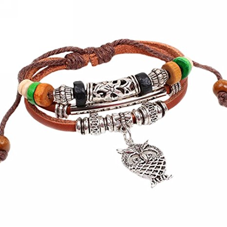MAKIYO Vintage Multilayer Leather Beaded Love Charms Sweetheart Butterfly Hand Chain Owl Cross Boho Bracelet Retro Cuff Style Chain Bangle(A)