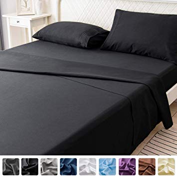 LIANLAM Queen Bed Sheets Set - Super Soft Brushed Microfiber 1800 Thread Count - Breathable Luxury Egyptian Sheets 16-Inch Deep Pocket - Wrinkle and Hypoallergenic-4 Piece(Queen, Black)