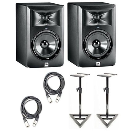 JBL LSR 305 Pair of studio monitors with Cables and Stands Bundle