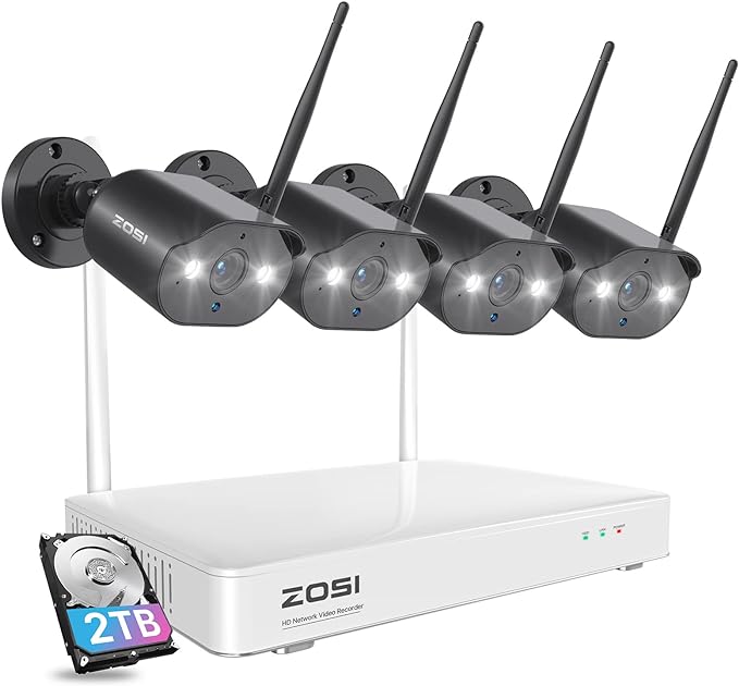 ZOSI Ultra Long Distance Mesh WiFi Security Camera System, 8CH 2K NVR with HDD 2TB and 4 x 3MP Wireless Camera Outdoor with Color Night Vision, Light & Sound Alarm, 2-Way Talk, AI PIR Alerts