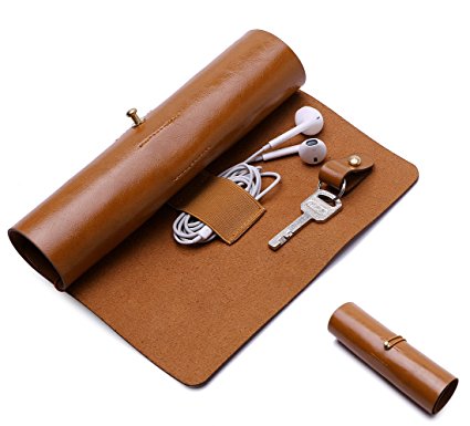 BoomYou Leather Wallet Roll Up Case Pen Case Storage Roll Bag Pencil Sleeve Keys Holder for Surface/iPad Touch Pen Data Cable Makeup - Leather Creative Personality Retro Style - Light Brown