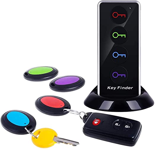 Remote Key Finder JTD Wireless Key Finder Tracker/Wireless RF Item Locator with LED Flashlight and Base Support for Keys Pets Cell Phone (4 Receivers, 1 Remote Control, 1 Base) (1-4)