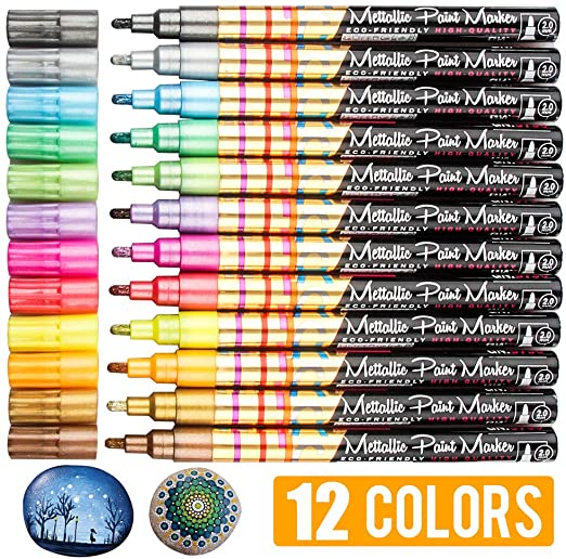 12 Color Assorted Metallic Marker Pens, 2mm Tip Sheen Glitter Painting Pen Card Making,Birthday Greeting,DIY Photo Album,Scrap Booking,Rock Painting,Mug,Calligraphy