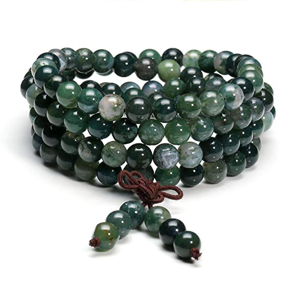 Jovivi 6mm 8mm Tibetan Buddhist Natural Moss Agate Stone Healing Gemstone 108 Mala Prayer Beads Stretch Bracelet Necklace