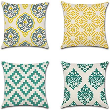 JOTOM Set of 4 Throw Pillow Covers Decorative Cotton Linen Outdoor Square Cushion Covers Home Decor for Sofa Car Bed Couch 18x18 Inch (Geometric B)