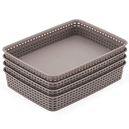 EZOWare Large Gray Plastic Knit Storage Basket Trays Drawer Divider Organizer Bins - 13.8 x 9.8 x 2.4 inch, Pack of 4