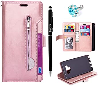 MOLLYCOOCLE Galaxy Note 9 Case, Zipper Pink Wallet Case for Women PU Leather Magnetic Flip Folio Credit Card Slots Kickstand Pocket TPU Soft Bumper Slim Fit Protective Cover for Sumsung Galaxy Note 9