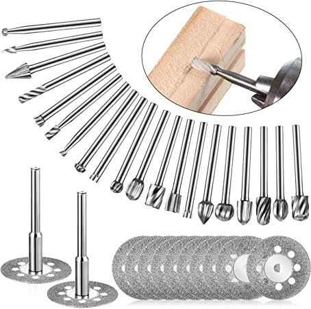 20 Pieces Tungsten Carbide Rotary Burr 1/8 Shank Rotary Bit Burrs Set and 10 Pieces Diamond Cutting Wheel 1/8 Mandrel for DIY Woodworking Carving Engraving Drilling