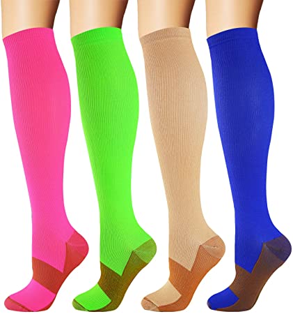 Copper Compression Socks for Men & Women 20-30 mmHg Medical Graduated Compression Stockings for Nurses Shin Splints Diabetic Sports Running Pregnancy (Red Green Nude Blue, Large/X-Large)