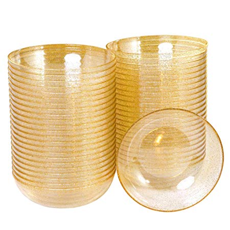 BUCLA 50 pack 16oz Gold Glitter Plastic Bowls-Disposable Crystal Plastic Bowls- Premium Heavy Duty Clear Dessert Bowls for Wedding &Parties
