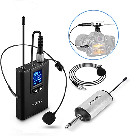 Hotec Wireless Lapel Lavalier and Headset Microphone System with Mini Rechargeable Receiver, for Recording and Live Performances