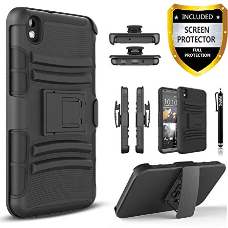 HTC Desire 816 Case, Combo Rugged Shell Cover Holster with Built-in Kickstand and Holster Locking Belt Clip   Circle(TM) Stylus Touch Screen Pen And Screen Protector Black