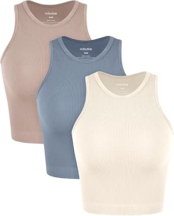 ODODOS 3-Pack Seamless Crop Tank for Women Ribbed Soft High Neck Cropped Tops